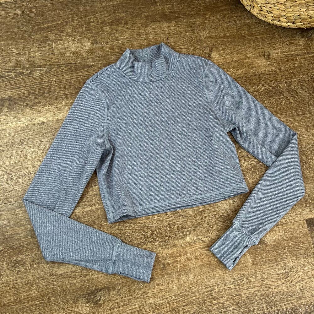 Offline By Aerie Mock Neck Ribbed Cropped Long Sleeve Dusty Blue Top - Picture 2 of 6